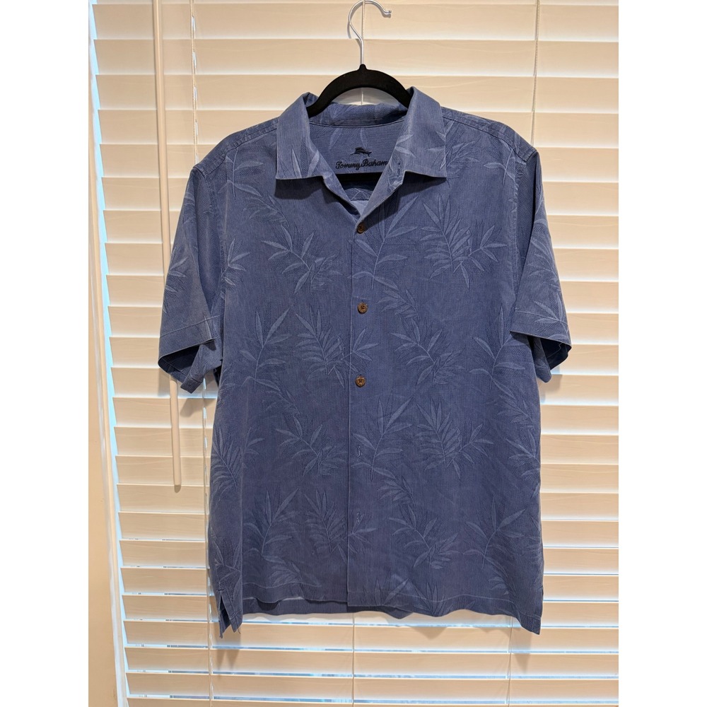 Tommy Bahama Mens Large Blue Jacquard Leaf Silk Short Sleeve Camp Shirt